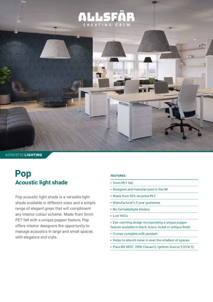 AllSfar Spec Sheet Pop Acoustic Light Shade